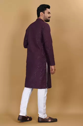 Wine chikankari rayon straight kurta for men