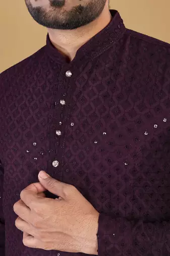 Wine chikankari rayon straight kurta for men