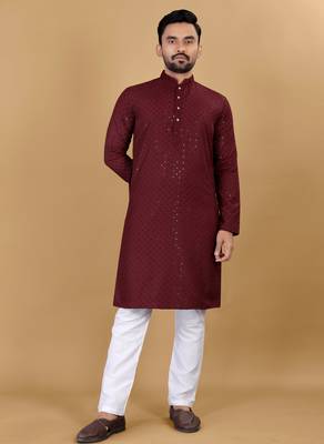 Maroon chikankari poly rayon straight kurta for men 1