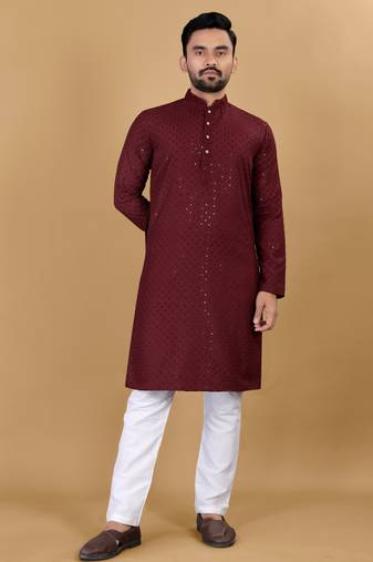 Maroon chikankari poly rayon straight kurta for men