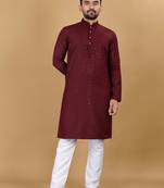 Maroon chikankari poly rayon straight kurta for men
