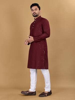 Maroon chikankari poly rayon straight kurta for men 2
