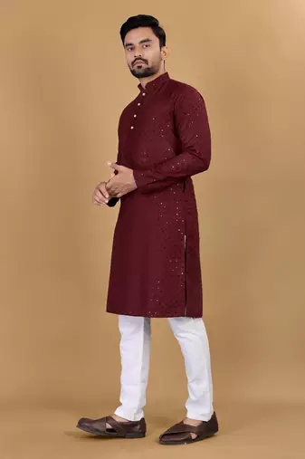 Maroon chikankari poly rayon straight kurta for men