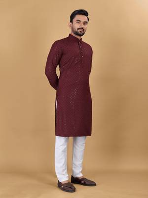 Maroon chikankari poly rayon straight kurta for men 3