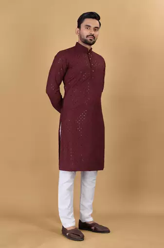 Maroon chikankari poly rayon straight kurta for men
