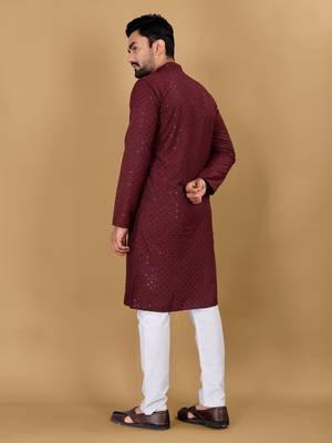 Maroon chikankari poly rayon straight kurta for men 4