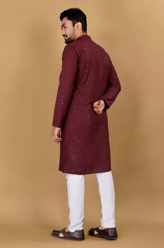 Maroon chikankari poly rayon straight kurta for men