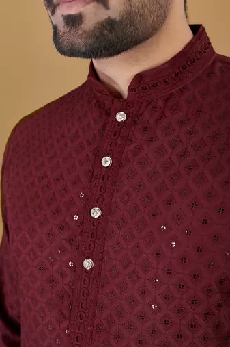 Maroon chikankari poly rayon straight kurta for men