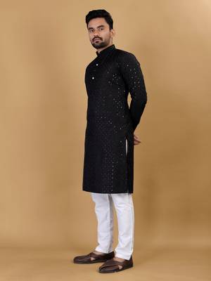 Black chikankari poly rayon straight kurta for men 2