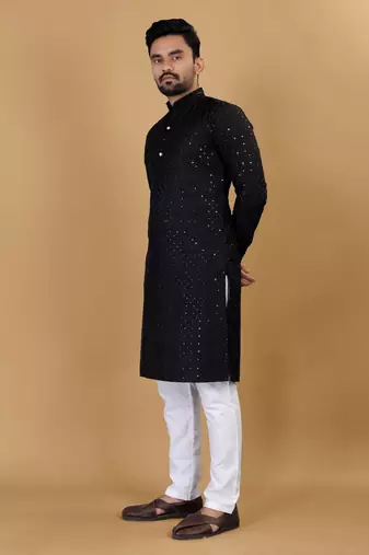 Black chikankari poly rayon straight kurta for men