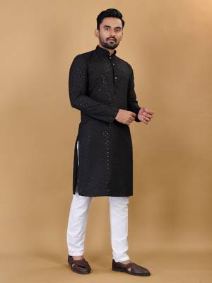 Black chikankari poly rayon straight kurta for men 3