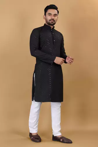 Black chikankari poly rayon straight kurta for men