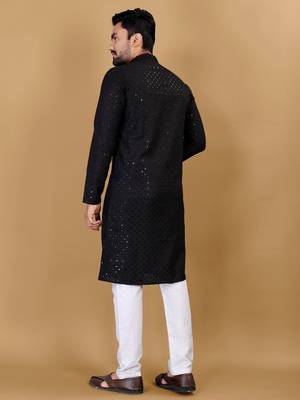 Black chikankari poly rayon straight kurta for men 4