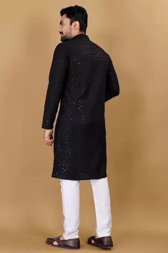 Black chikankari poly rayon straight kurta for men