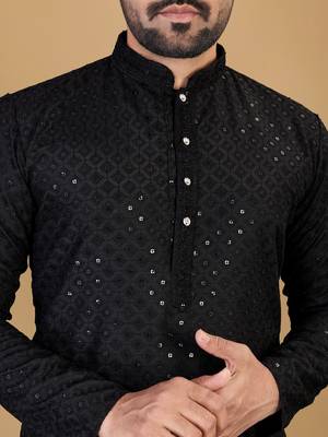 Black chikankari poly rayon straight kurta for men 5