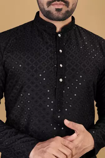 Black chikankari poly rayon straight kurta for men