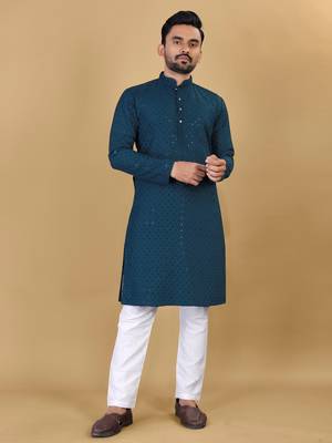 Teal Blue chikankari poly rayon straight kurta for men 1