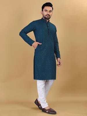 Teal Blue chikankari poly rayon straight kurta for men 2