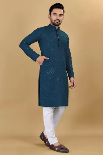 Teal Blue chikankari poly rayon straight kurta for men
