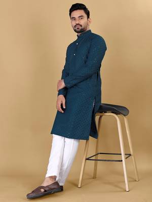 Teal Blue chikankari poly rayon straight kurta for men 3