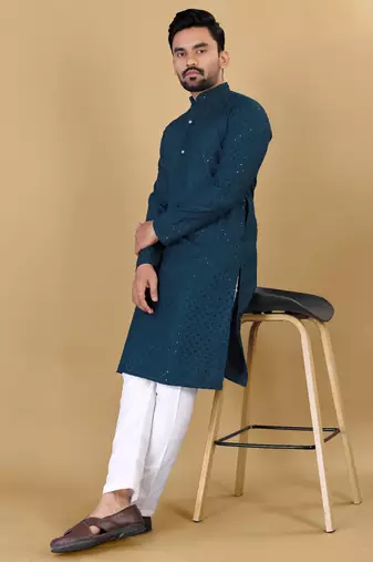 Teal Blue chikankari poly rayon straight kurta for men