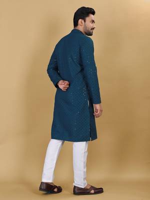 Teal Blue chikankari poly rayon straight kurta for men 4