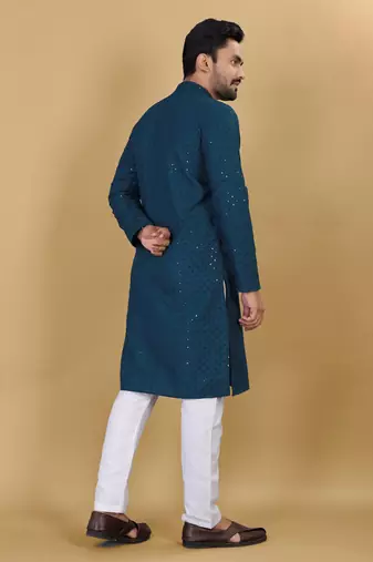 Teal Blue chikankari poly rayon straight kurta for men