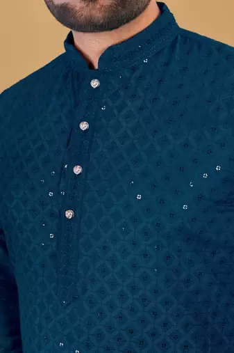 Teal Blue chikankari poly rayon straight kurta for men