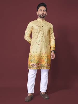 Yellow poly rayon crochet printed kurta for men 1