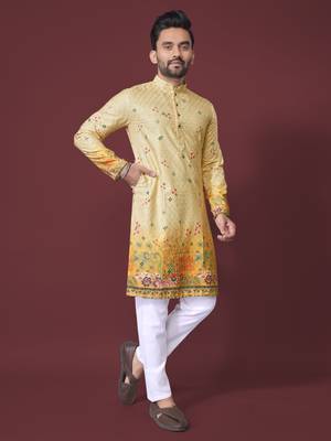 Yellow poly rayon crochet printed kurta for men 2