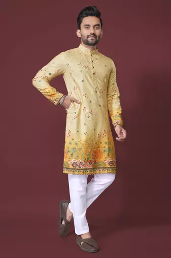 Yellow poly rayon crochet printed kurta for men