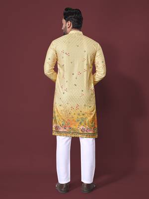 Yellow poly rayon crochet printed kurta for men 3