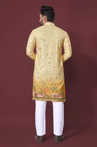 Yellow poly rayon crochet printed kurta for men