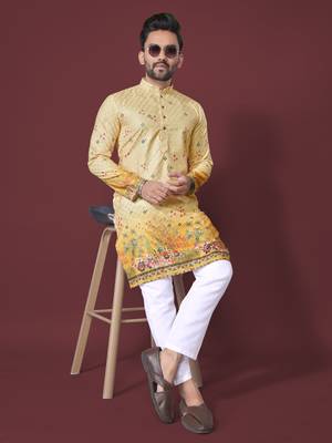 Yellow poly rayon crochet printed kurta for men 4