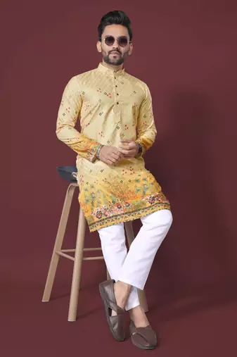 Yellow poly rayon crochet printed kurta for men