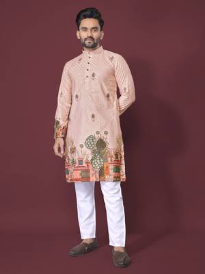 Peach poly rayon crochet printed kurta for men 1