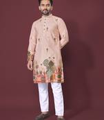 Peach poly rayon crochet printed kurta for men