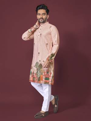 Peach poly rayon crochet printed kurta for men 2
