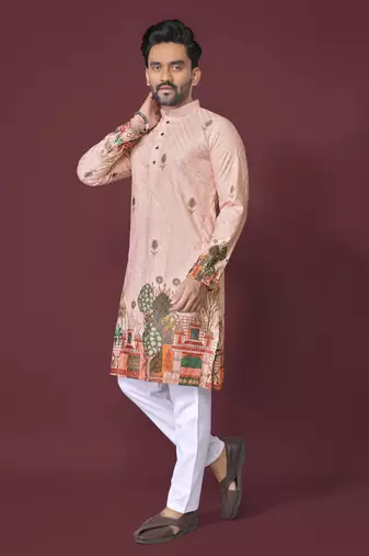 Peach poly rayon crochet printed kurta for men