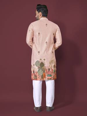 Peach poly rayon crochet printed kurta for men 3