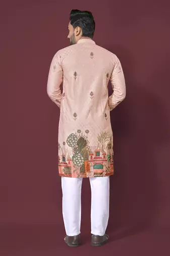 Peach poly rayon crochet printed kurta for men