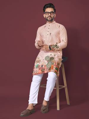Peach poly rayon crochet printed kurta for men 4