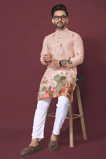 Peach poly rayon crochet printed kurta for men