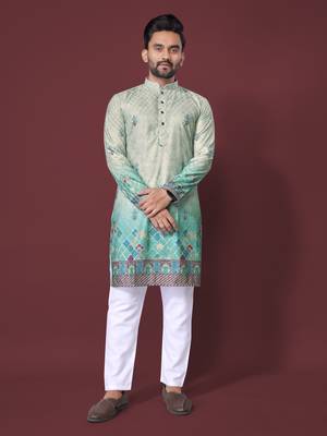 Mint green rayon crochet printed kurta for men 1