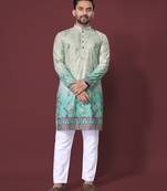 Mint green rayon crochet printed kurta for men