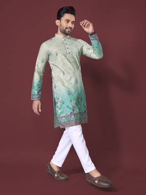 Mint green rayon crochet printed kurta for men 2