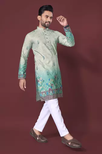 Mint green rayon crochet printed kurta for men