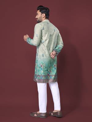 Mint green rayon crochet printed kurta for men 3