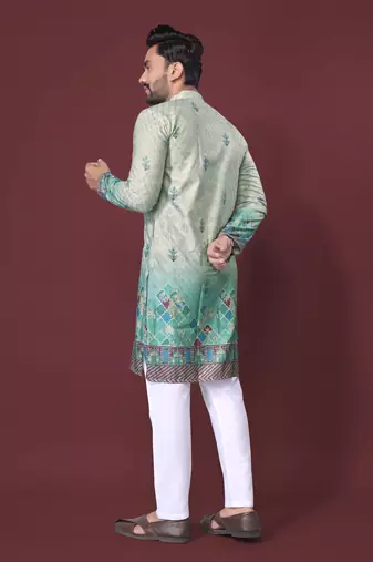 Mint green rayon crochet printed kurta for men