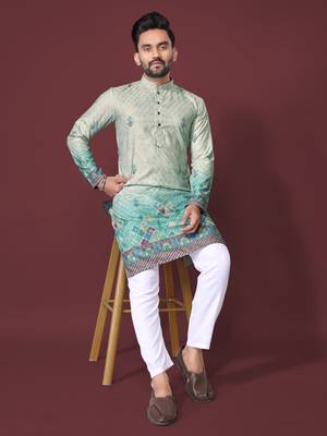 Mint green rayon crochet printed kurta for men 4
